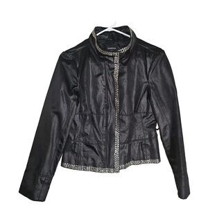 Bebe Studded Moto Jacket Womens Size Medium Black Satin Zip Up